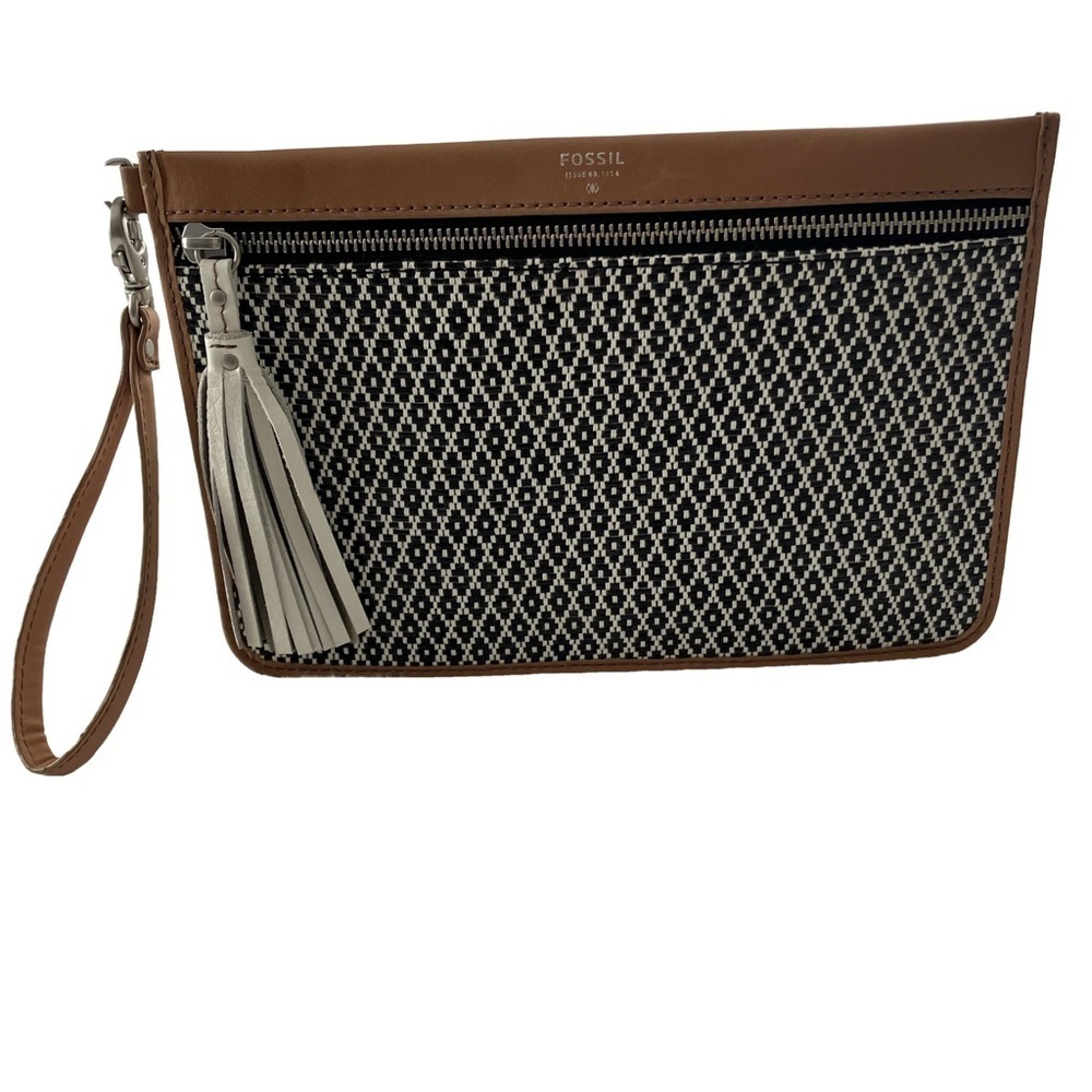 Fossil Bags Wristlet Leather Trim Black And White  Fossil White Leather Tassel